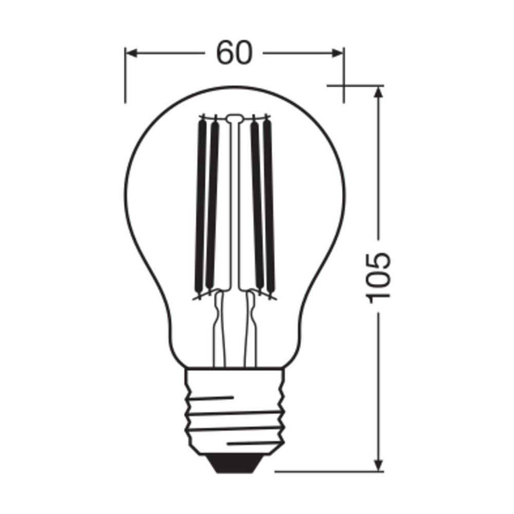 Disegno tecnico di una lampadina a LED con dimensioni 60x105mm.