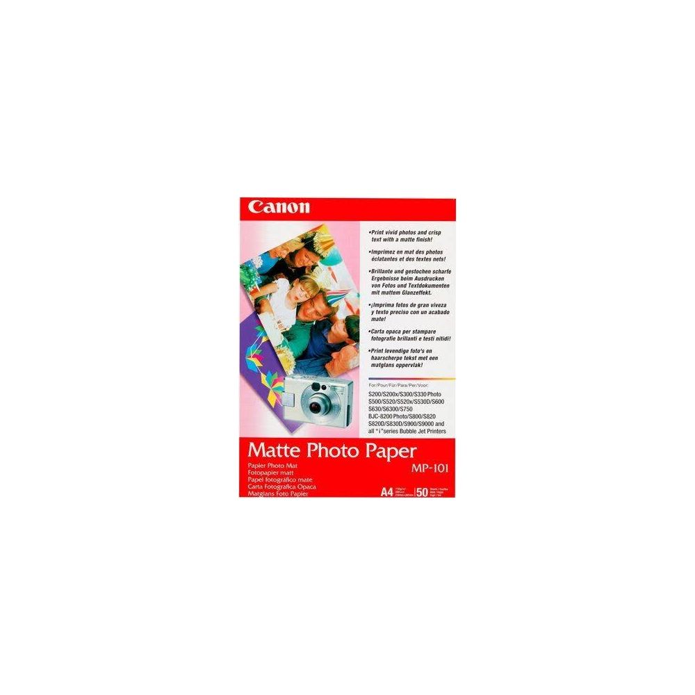 Canon Matte Photo Paper Verpackung mit Kamera und Text. A4, 50 Blatt.
