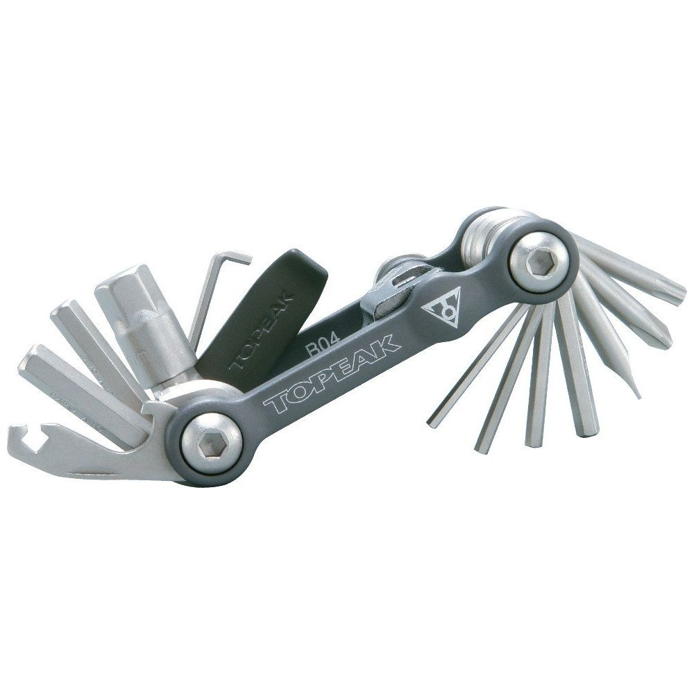 Narzędzie wielofunkcyjne do rowerów, z bitami imbusowymi i krzyżakowymi, w kolorze szarym i srebrnym.