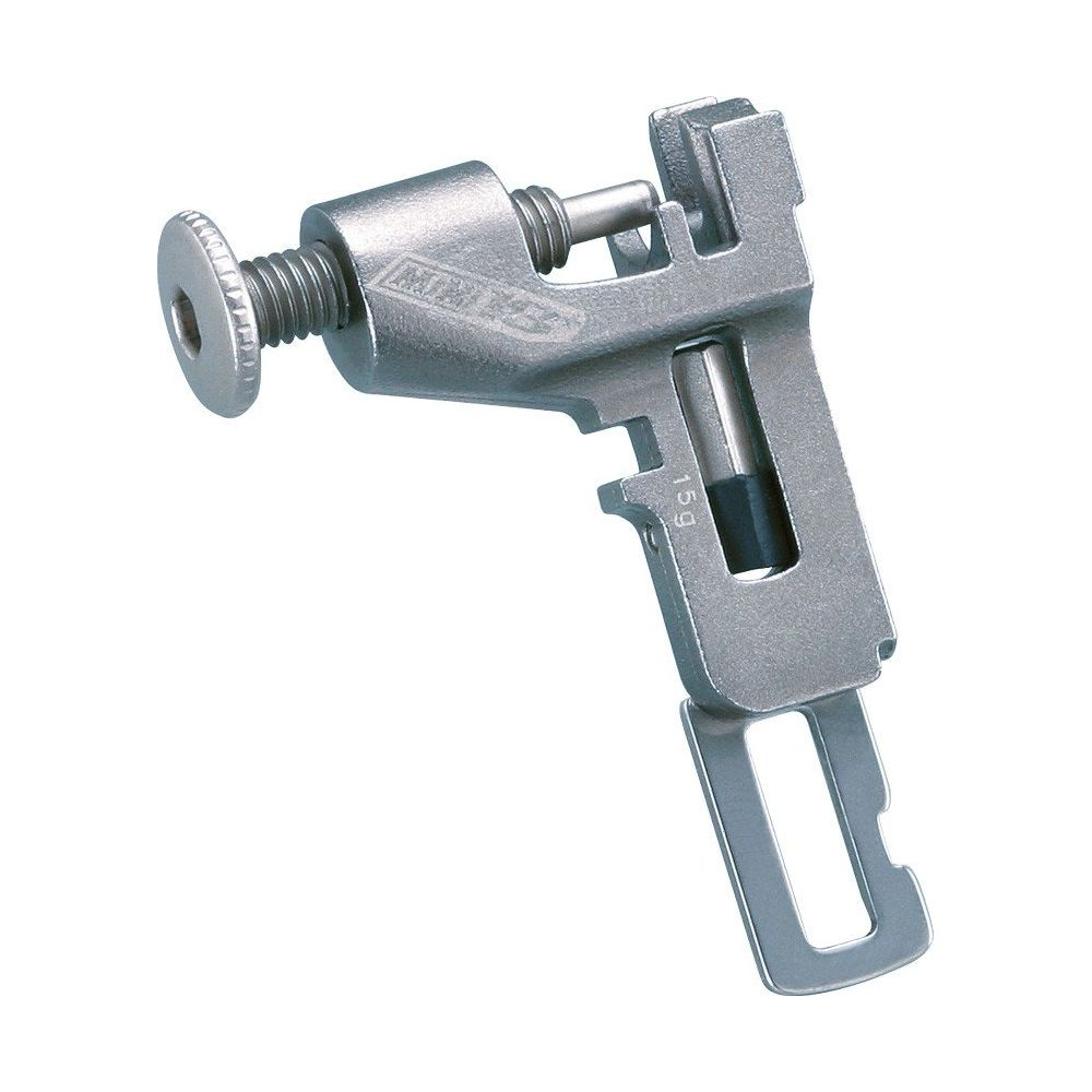 Srebrne narzędzie do łańcucha rowerowego ze śrubą i uchwytem.