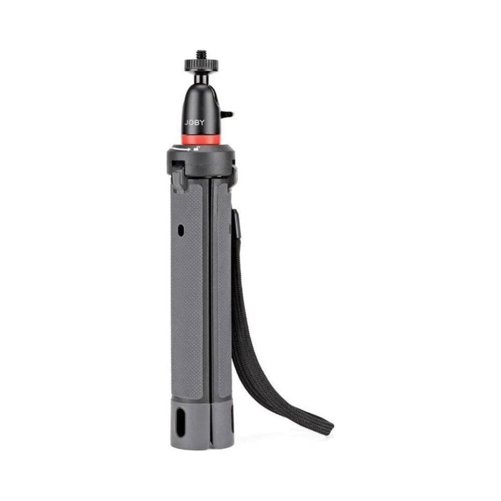 Gray Joby tripod grip with black strap and red ring.
