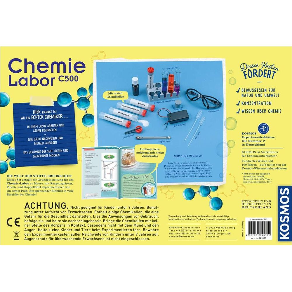 Ein Chemie-Labor-Set für Kinder mit Chemikalien, Reagenzgläsern und Anleitung.