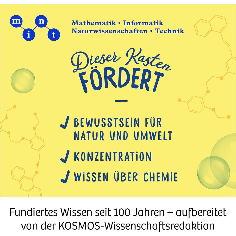 Gelber Hintergrund mit Text und chemischen Formeln. "Dieser Kasten fördert".