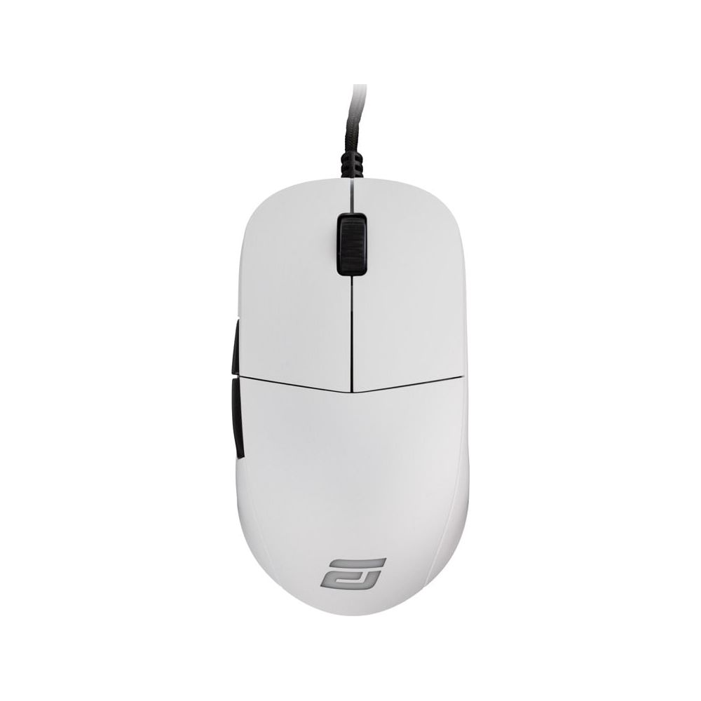 Biała mysz komputerowa z czarnym kablem i szarym logo.