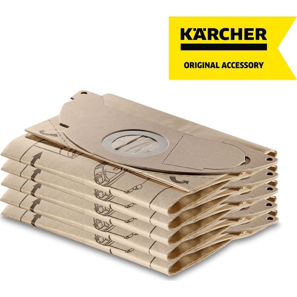 Stos papierowych worków do odkurzacza Kärcher z nadrukiem.
