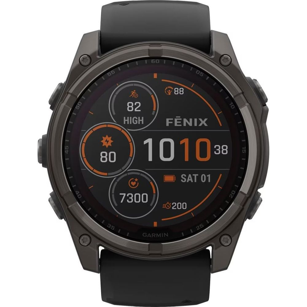 Szary smartwatch Garmin Fenix z czarnym paskiem i ciemnym wyświetlaczem.