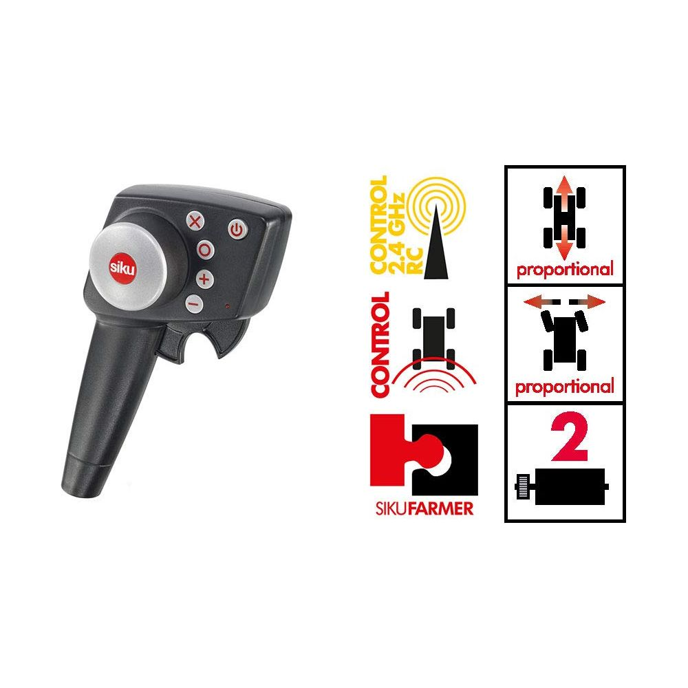 Schwarzer Siku RC-Controller mit Knöpfen und Rad. Daneben Grafiken mit Steuerungssymbolen.