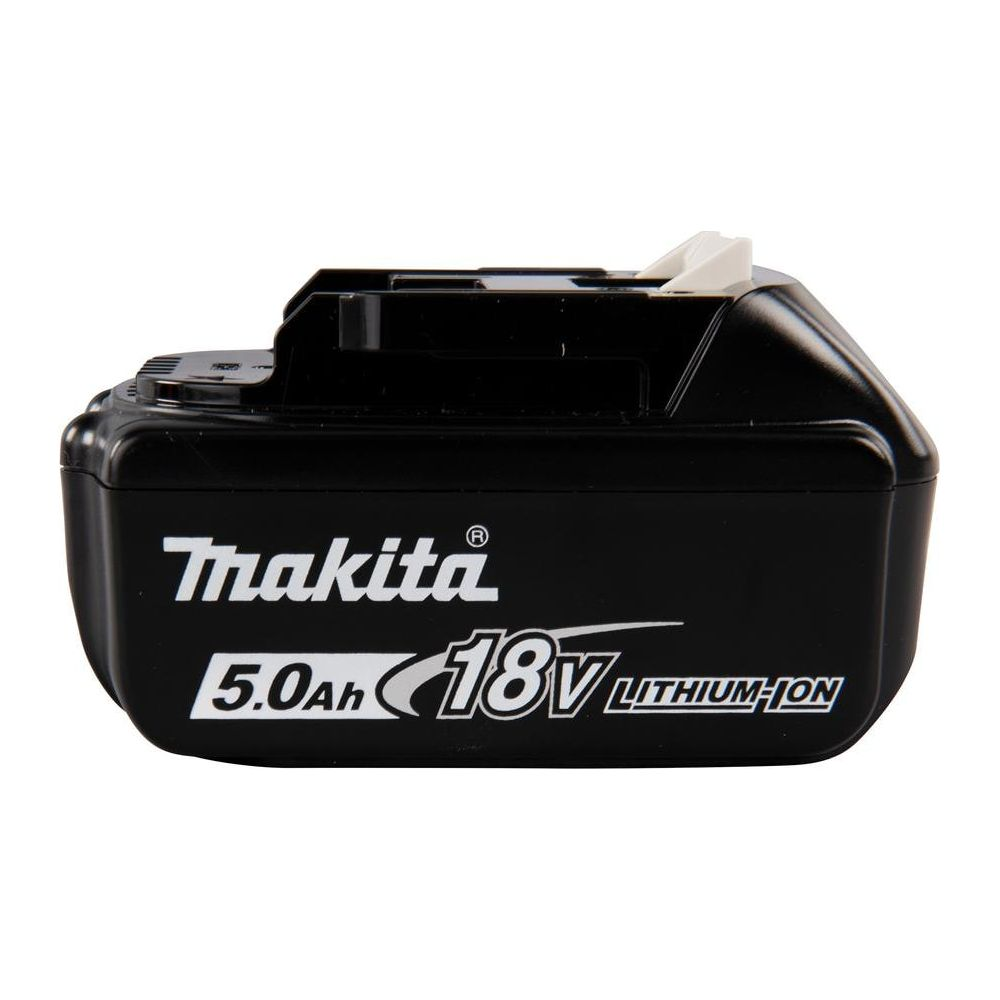 Batteria Makita nera agli ioni di litio da 18V 5.0Ah con pulsante di rilascio bianco.