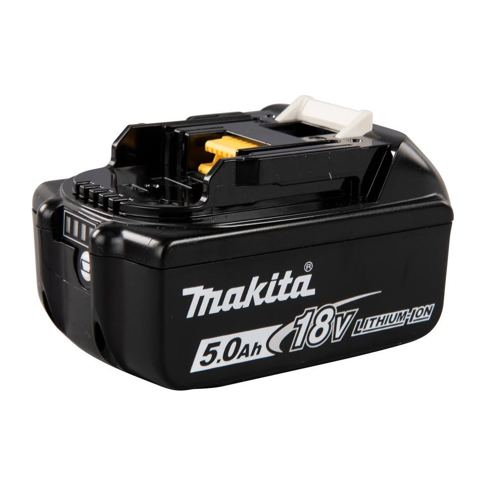 Batteria Makita 18V agli ioni di litio nera con accenti gialli e bianchi.