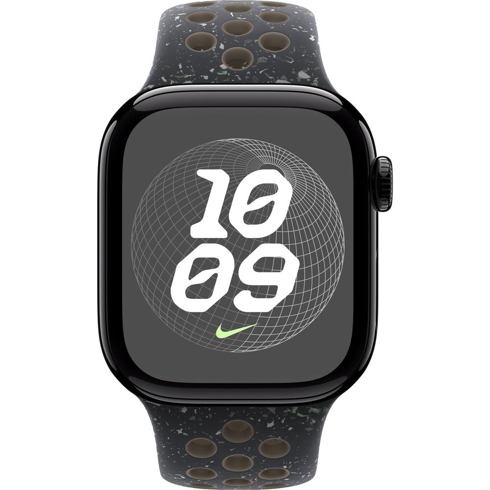 Czarny smartwatch z opaską Nike i tarczą pokazującą 10:09.
