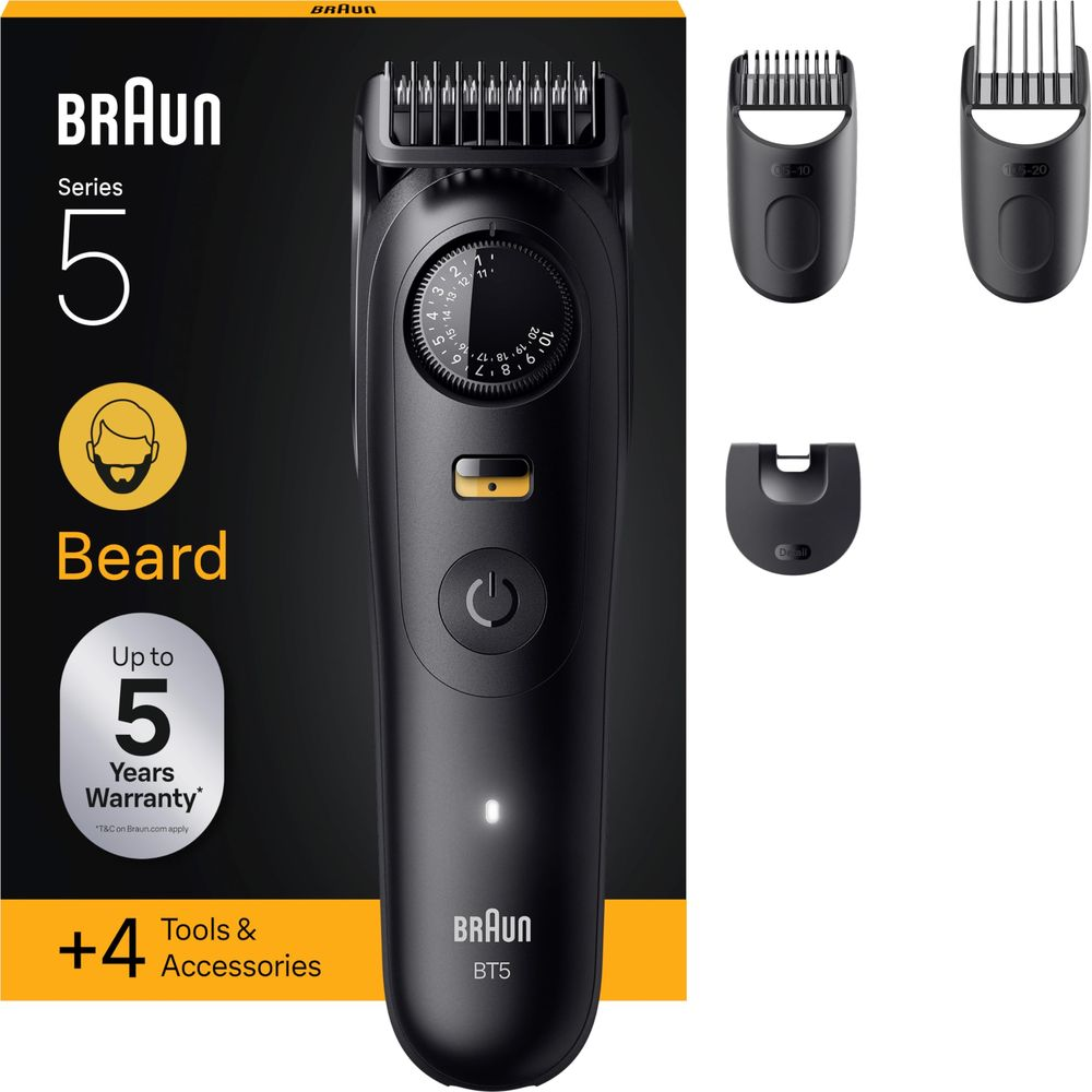 Braun Barttrimmer Serie 5 mit Aufsätzen und Ladebasis. Schwarz.