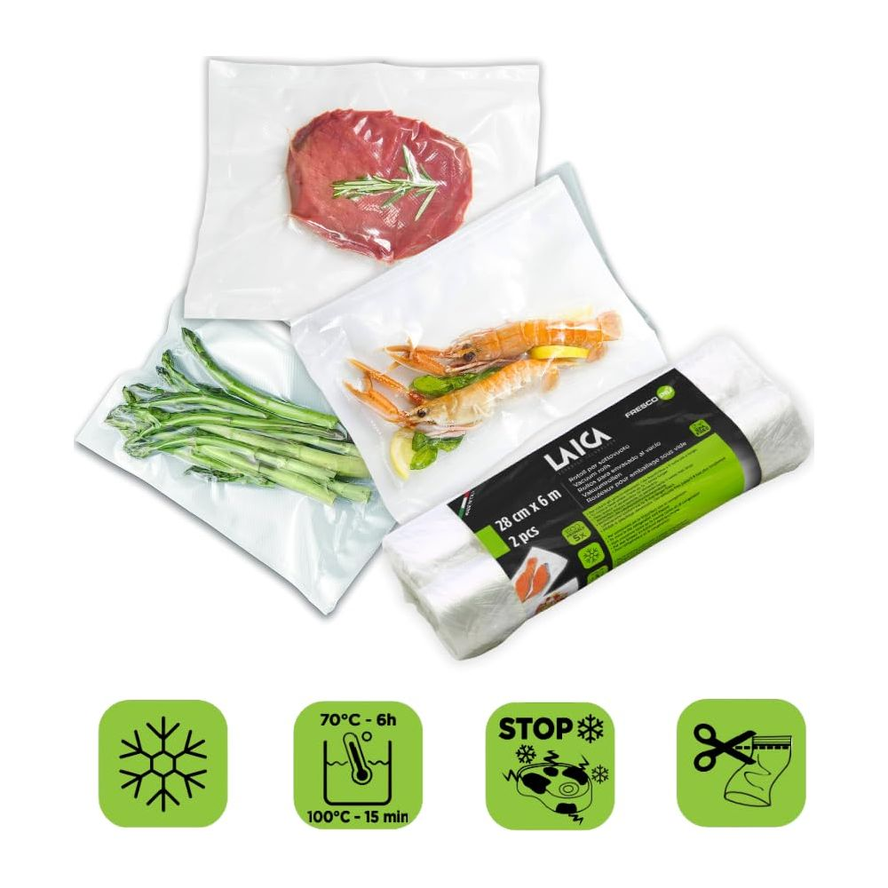 Bolsas de vacío con carne, camarones y espárragos, más un rollo.