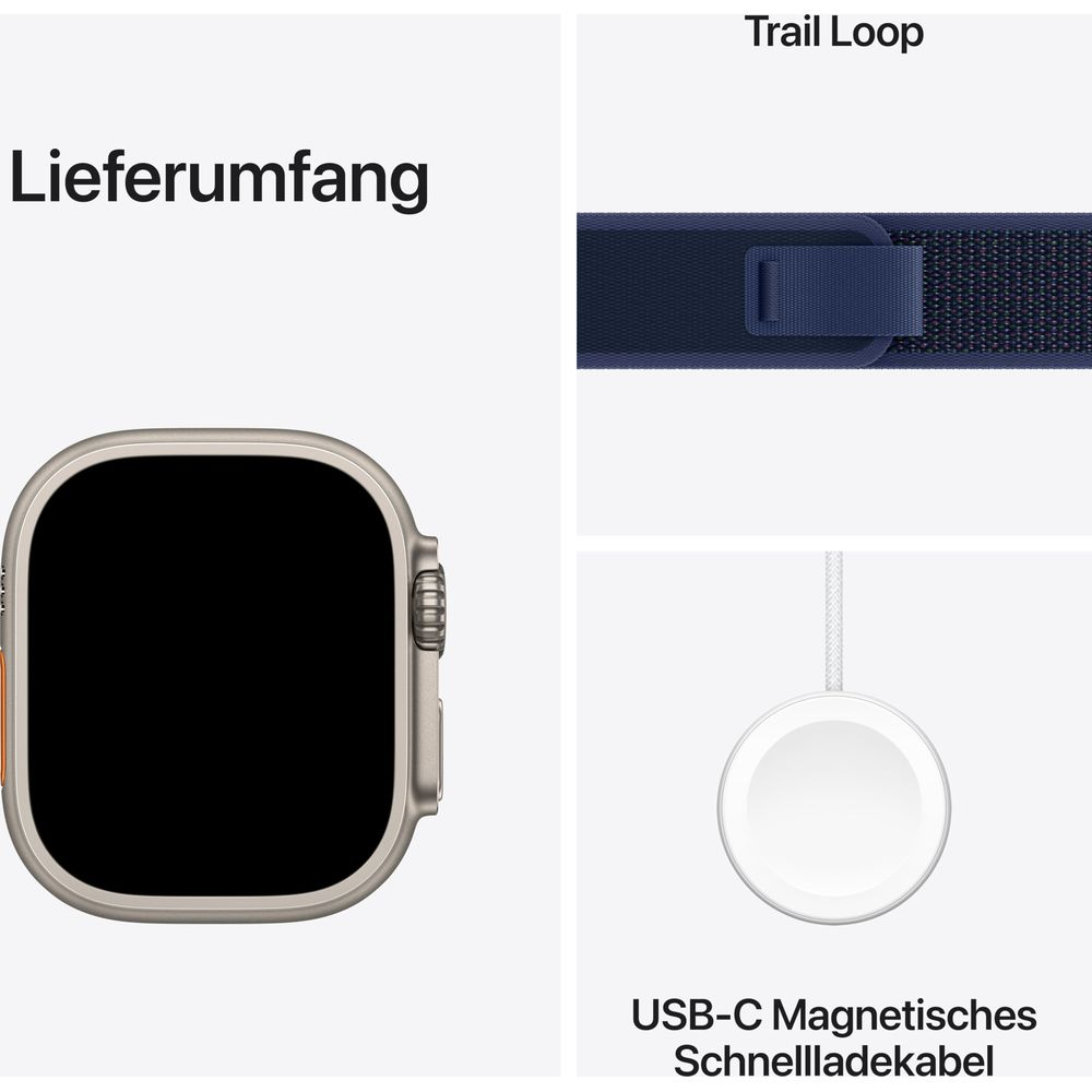 Apple Watch Ultra z Trail Loop i kablem ładującym.
