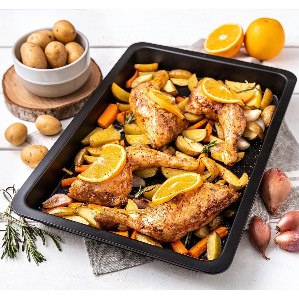 Poulet rôti avec pommes de terre, carottes et tranches d'orange dans un plat.