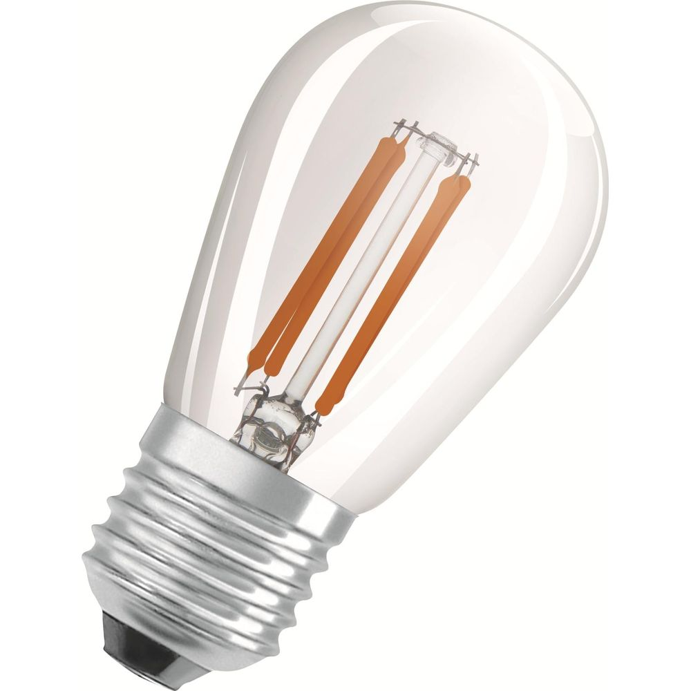 Eine transparente Edison-Glühbirne mit sichtbaren Filamenten und einem silbernen Gewindesockel.