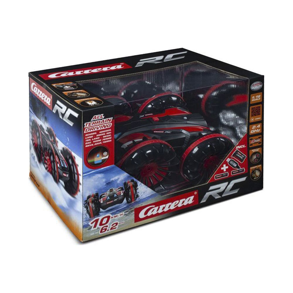 Carrera RC All Terrain Driving Spielzeugauto im Karton, rot und schwarz.