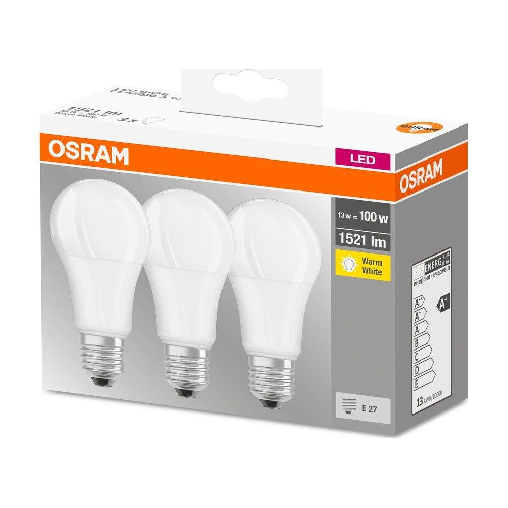 Opakowanie trzech ciepłobiałych żarówek LED OSRAM z gwintem E27.