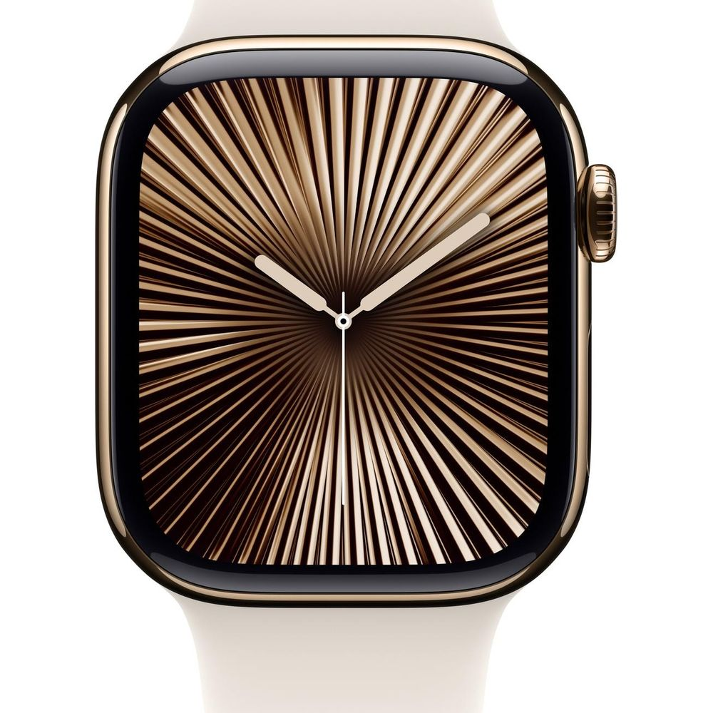 Złoty smartwatch z brązową tarczą i białym paskiem.