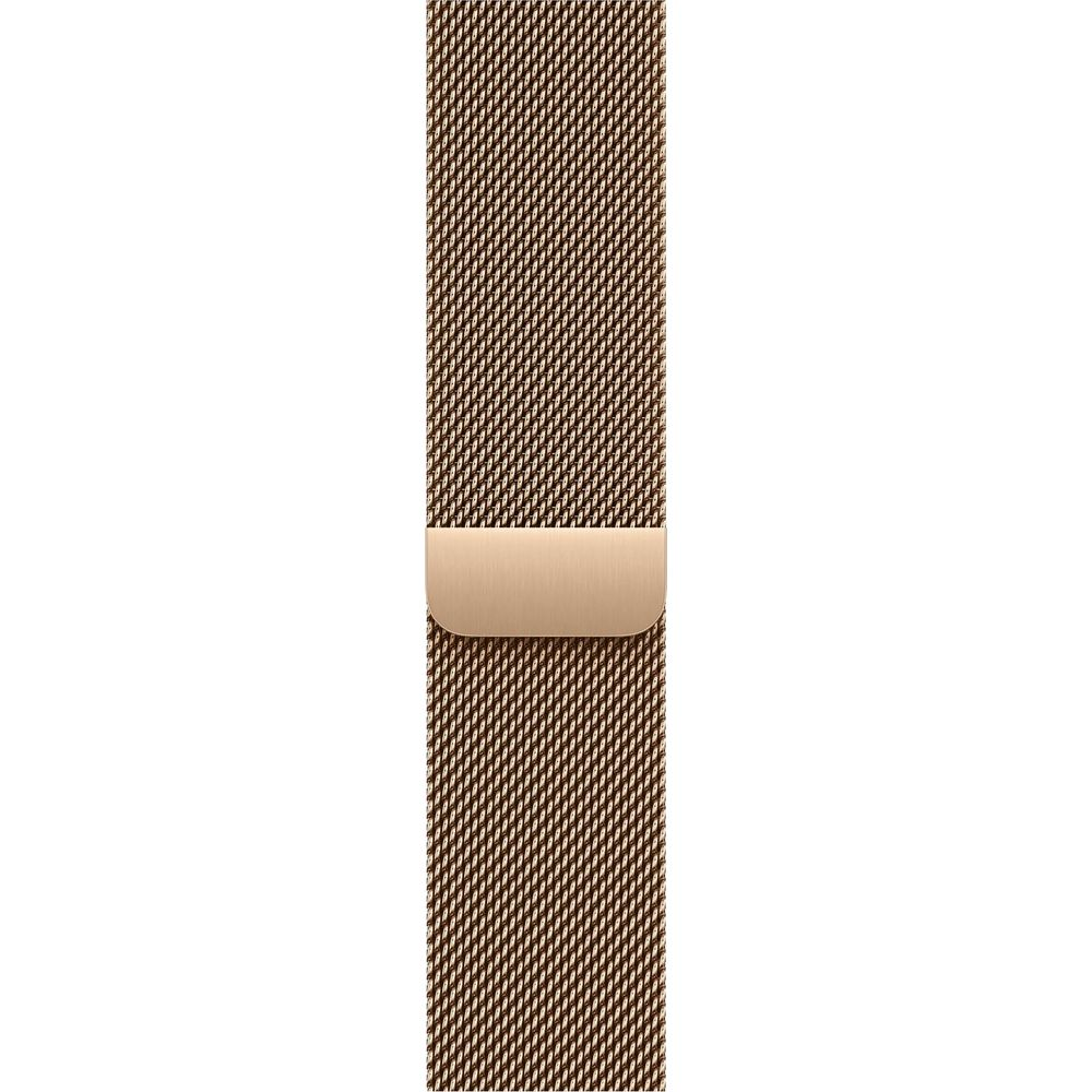 Złota bransoleta do zegarka ze stali nierdzewnej o drobnym splocie i dyskretnym zapięciu.