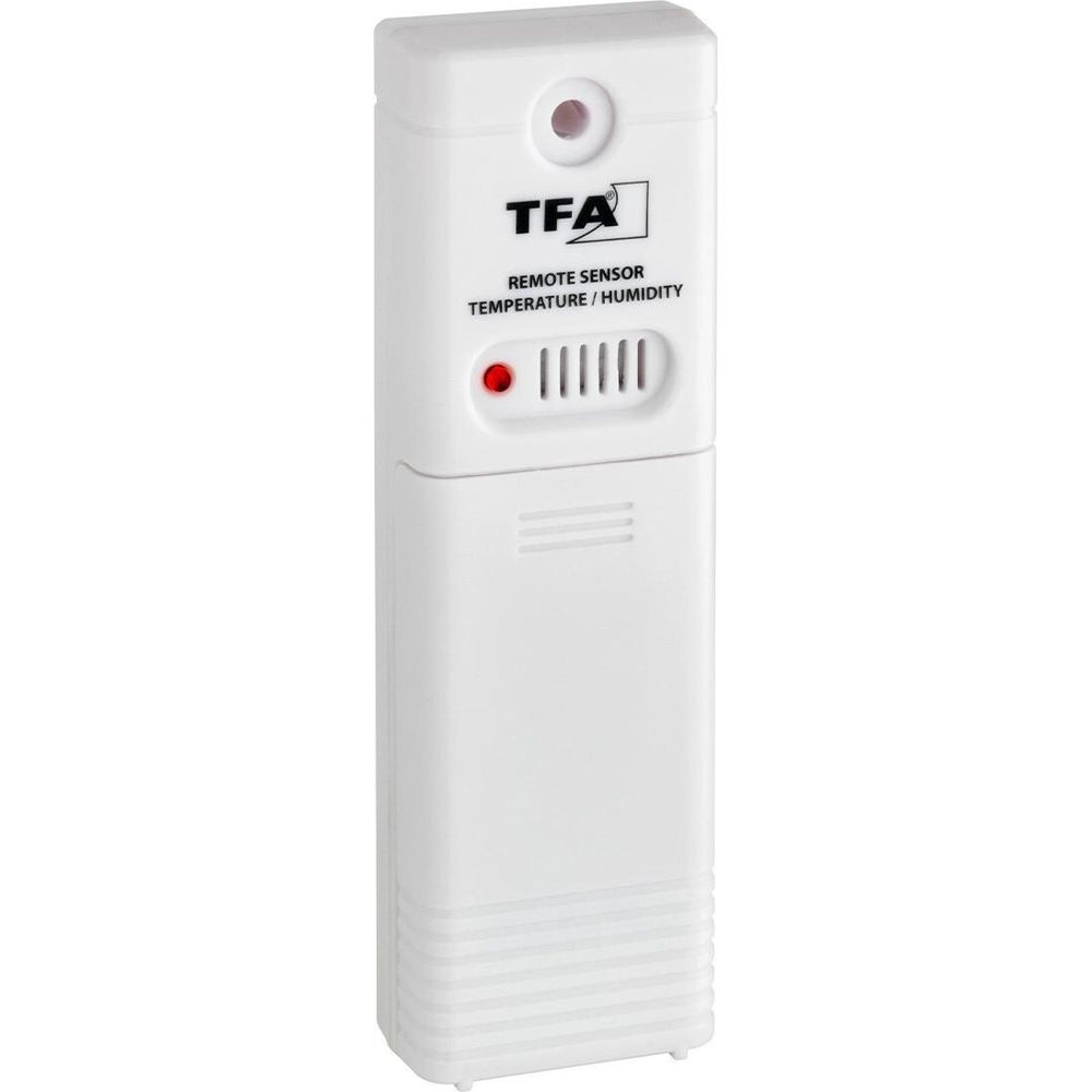 Weißer TFA Fernsensor für Temperatur/Luftfeuchtigkeit mit roter LED.