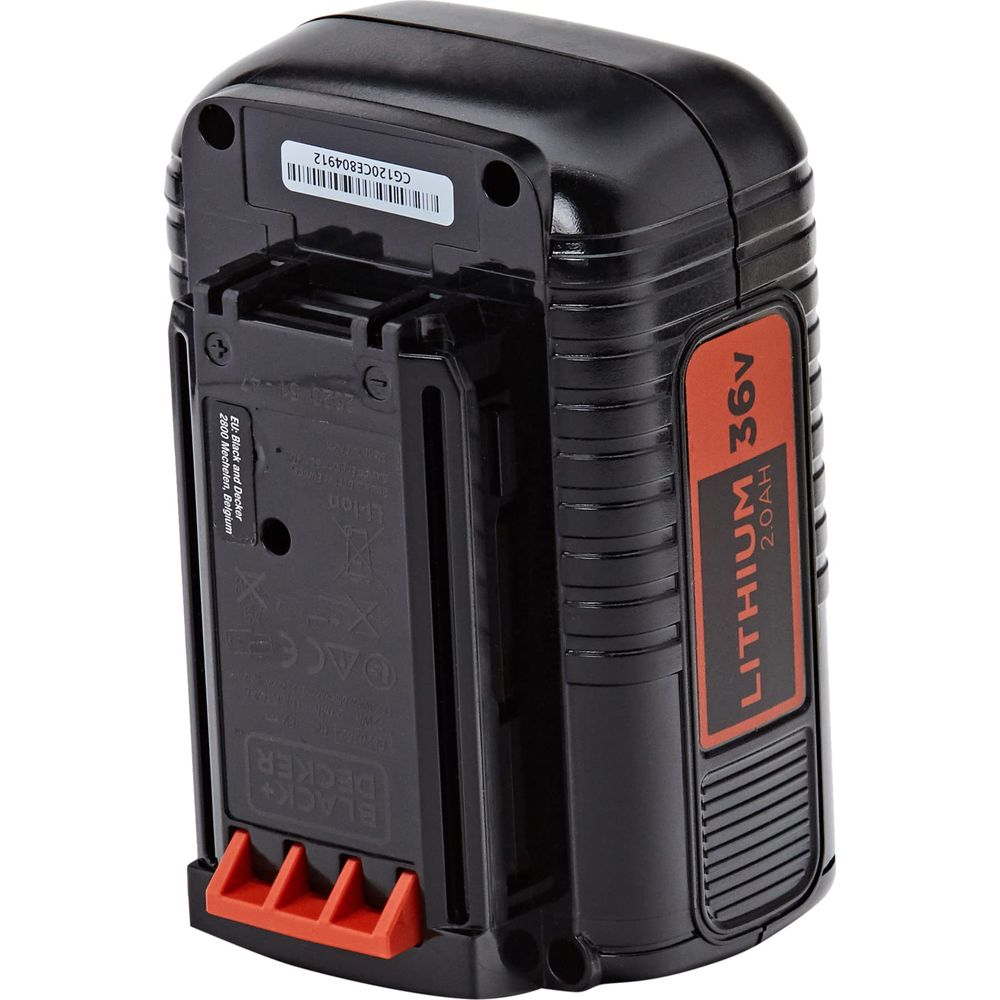 Schwarzer Akku mit orangem Etikett. LITHIUM 36V 2.0AH.
