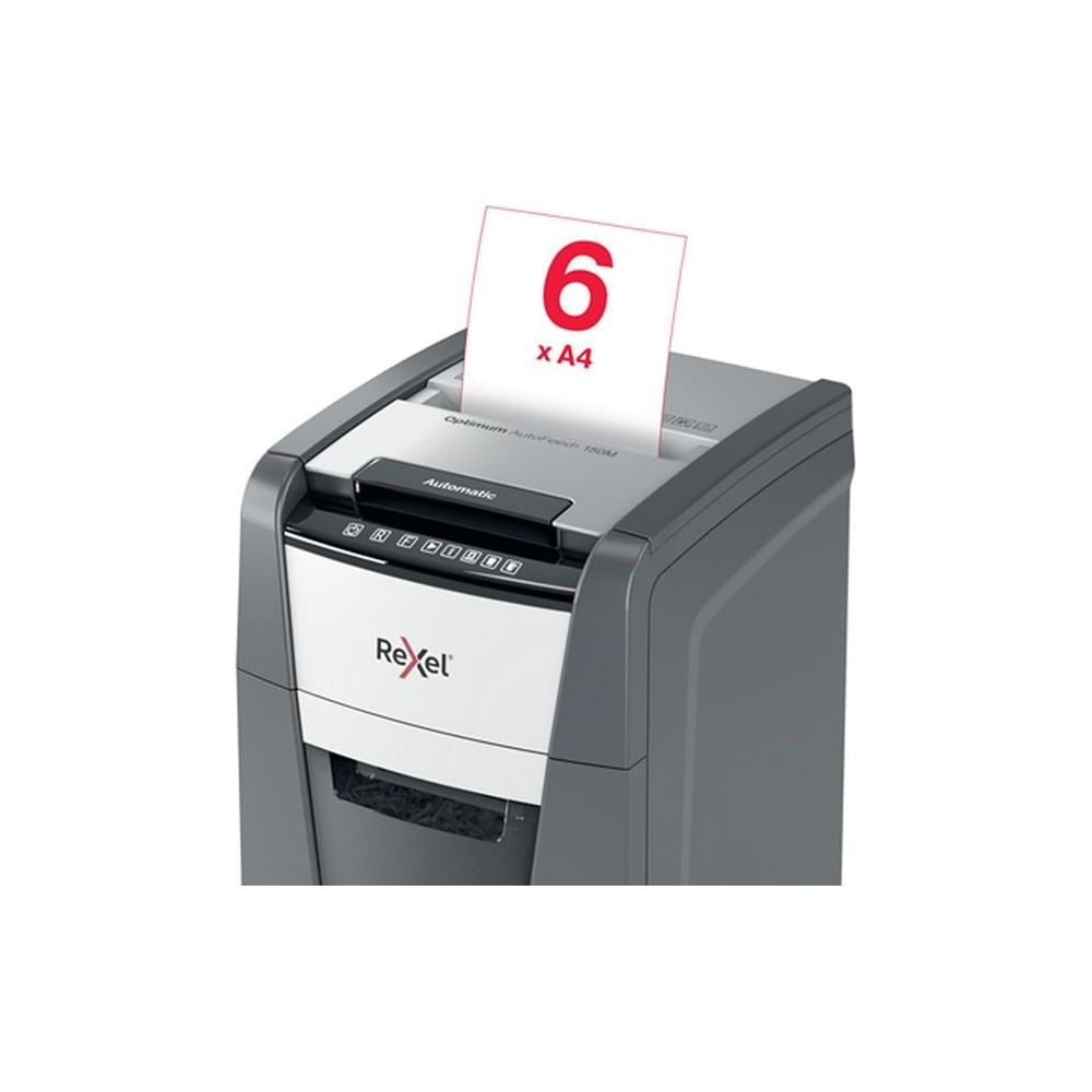 Ein Rexel Aktenvernichter mit einem Blatt Papier, auf dem eine 6 steht.