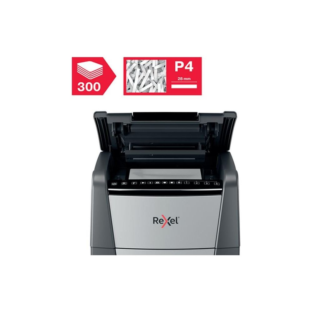 Rexel-Aktenvernichter mit P4-Sicherheitsstufe und 300 Blatt Kapazität.