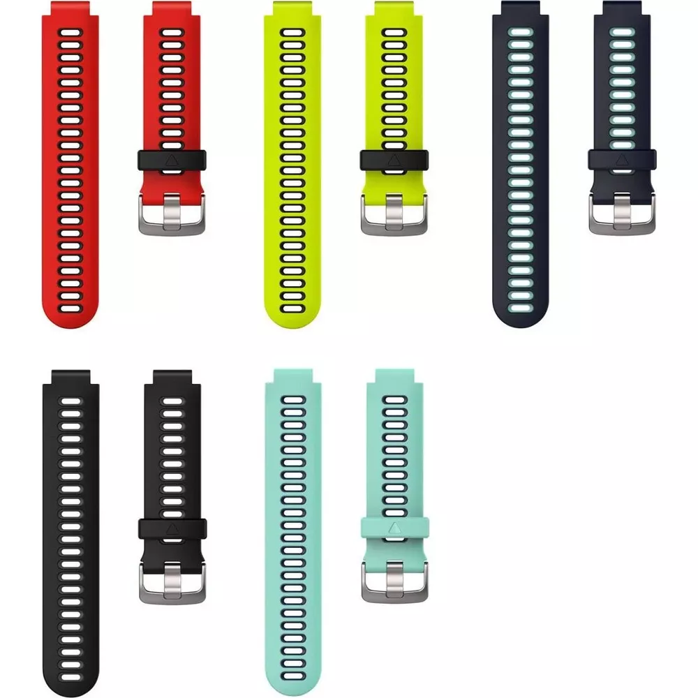 Sześć pasków do zegarków w kolorze czerwonym, żółtym, granatowym i miętowym z klamrami.