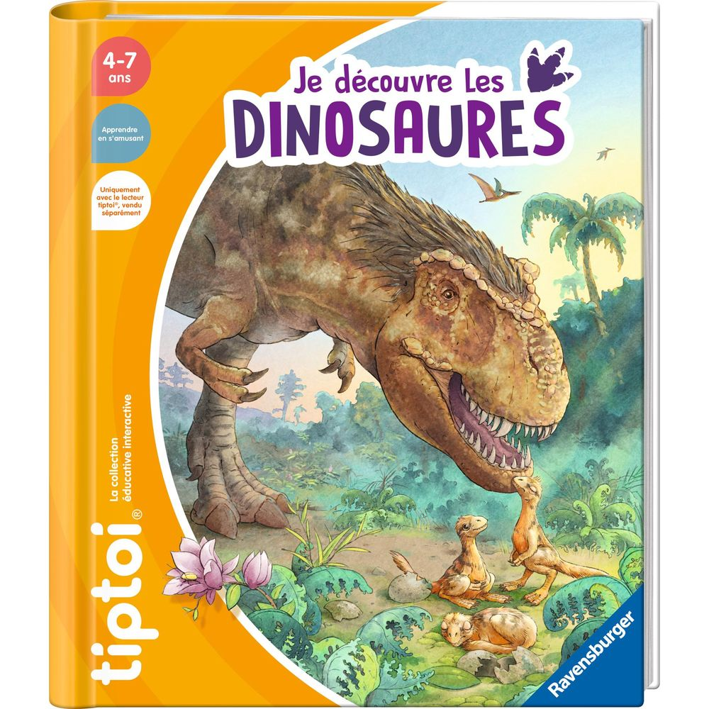 Un T-Rex osserva piccoli dinosauri e uova in un paesaggio preistorico.