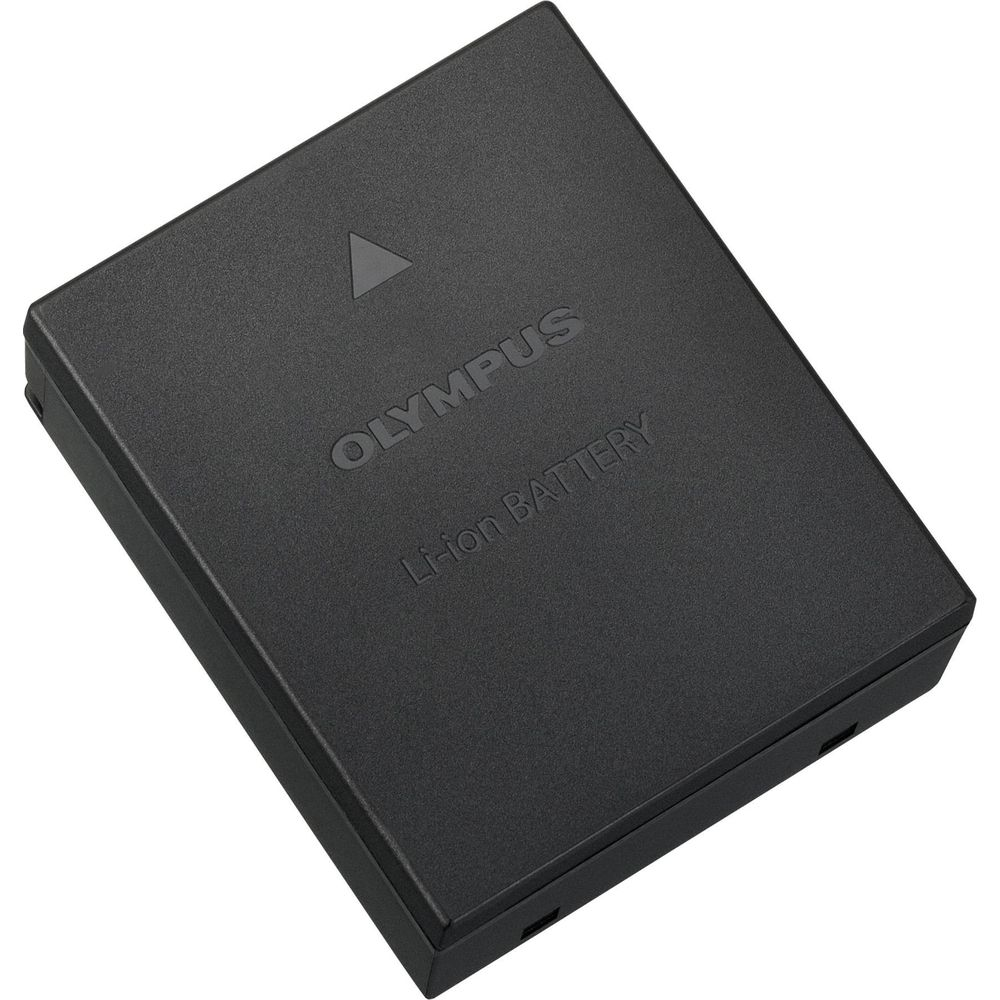 Schwarzer Olympus Li-ion Akku mit Logo und Text auf weißem Hintergrund.