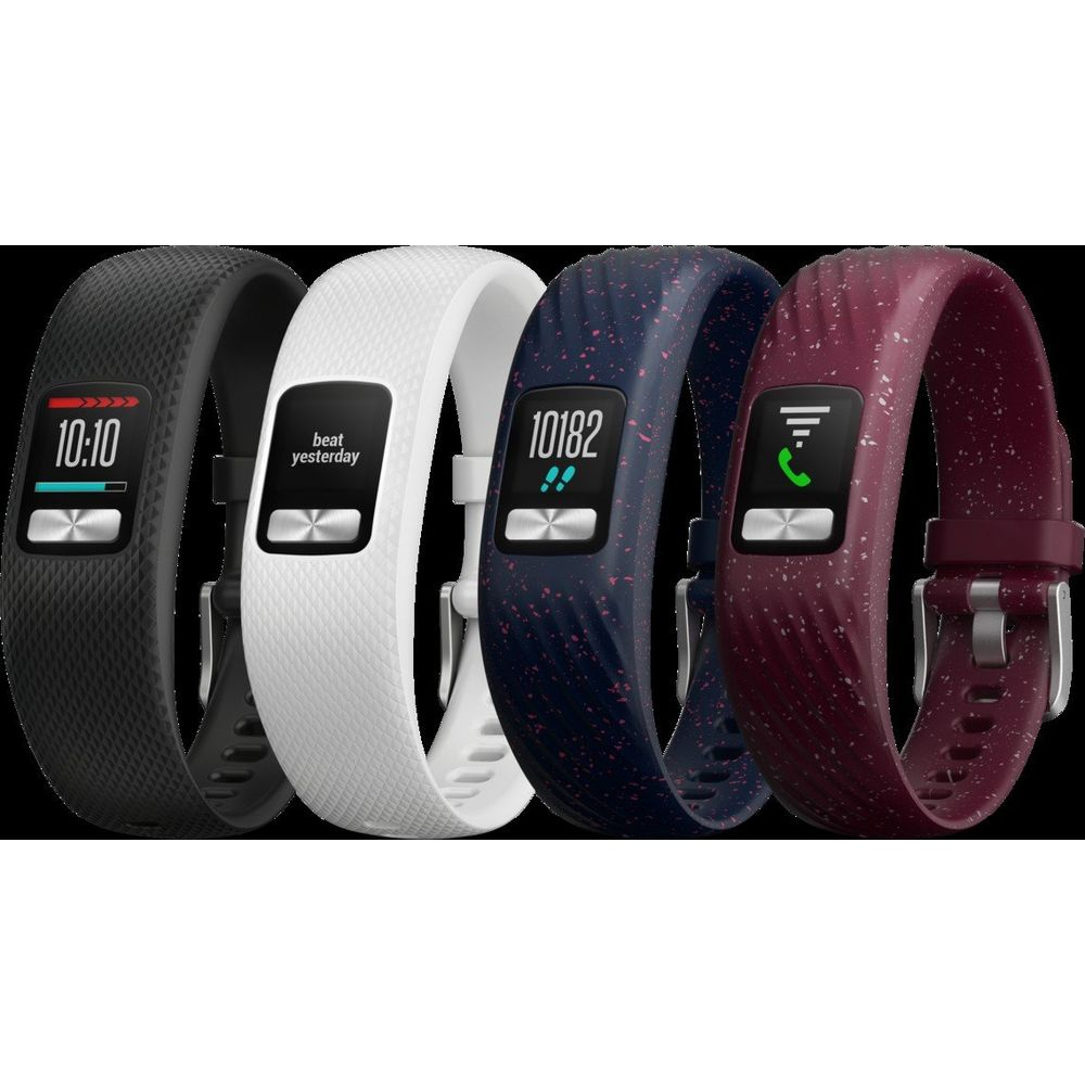 Cztery opaski fitness w kolorach czarnym, białym, granatowym i bordowym.