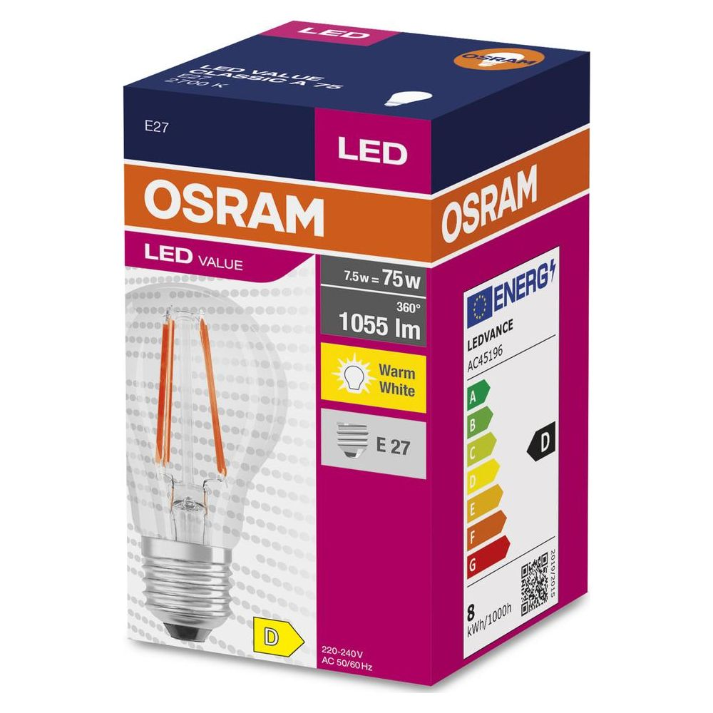 Lampadina LED Osram attacco E27, 7,5W, 1055 lumen, bianco caldo, efficienza energetica D.