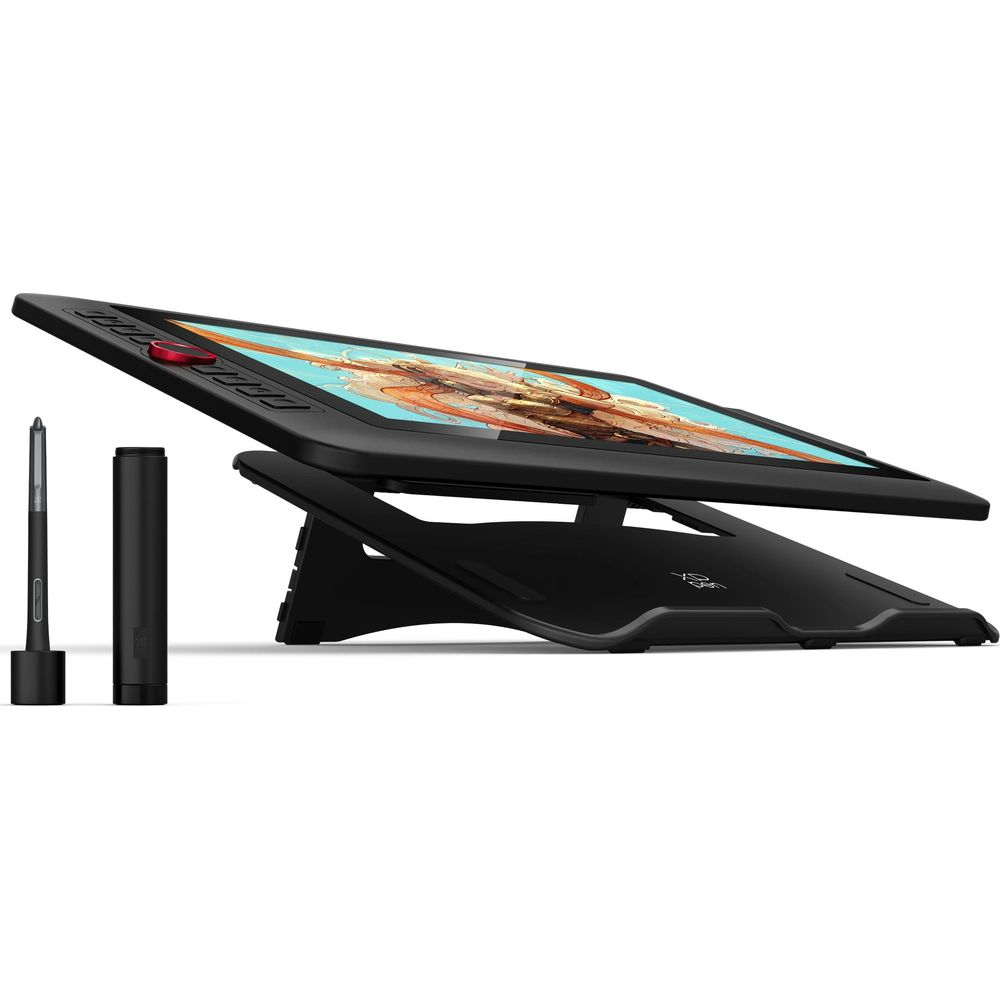Czarny tablet graficzny na stojaku ze stylusem i uchwytem.