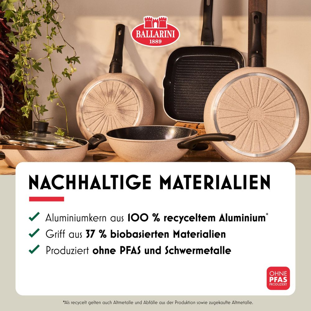 Ballarini Pfannen aus recyceltem Aluminium und biobasierten Materialien.