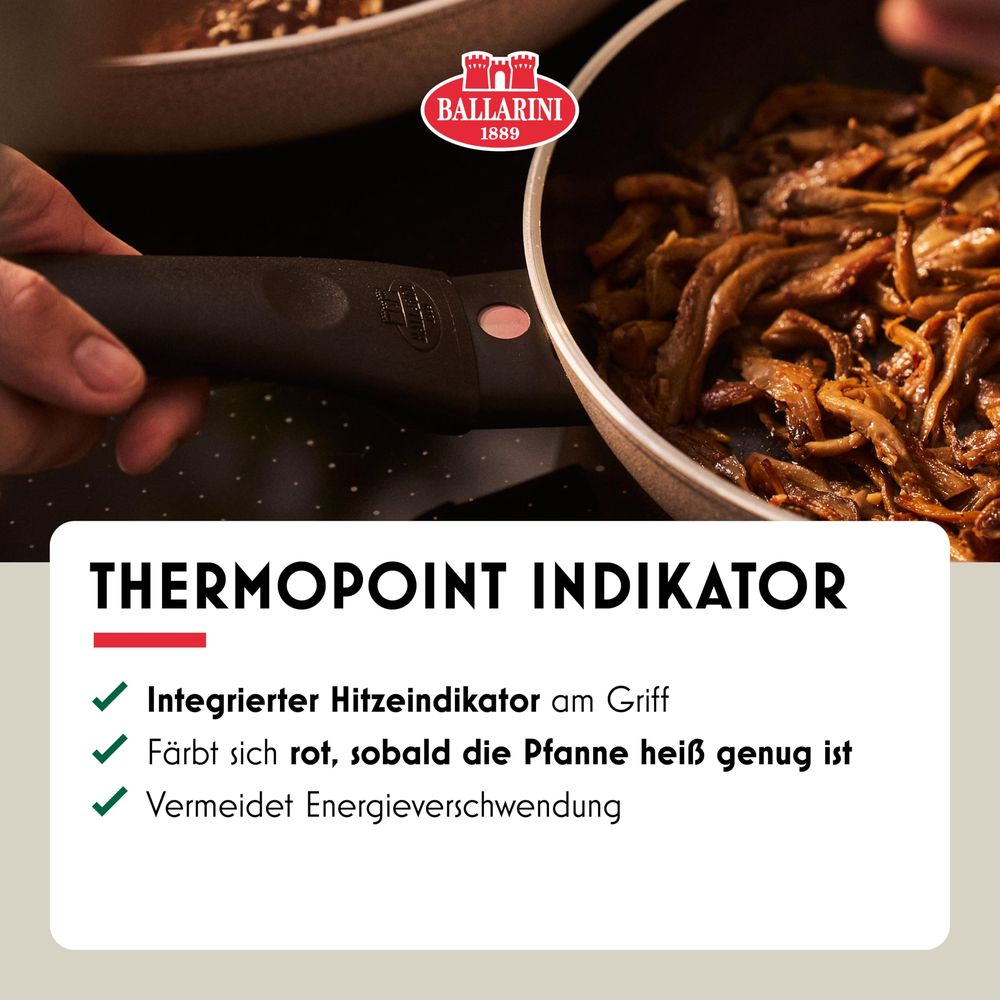 Ballarini Pfanne mit Thermopoint-Griff, der rot wird, wenn heiß.