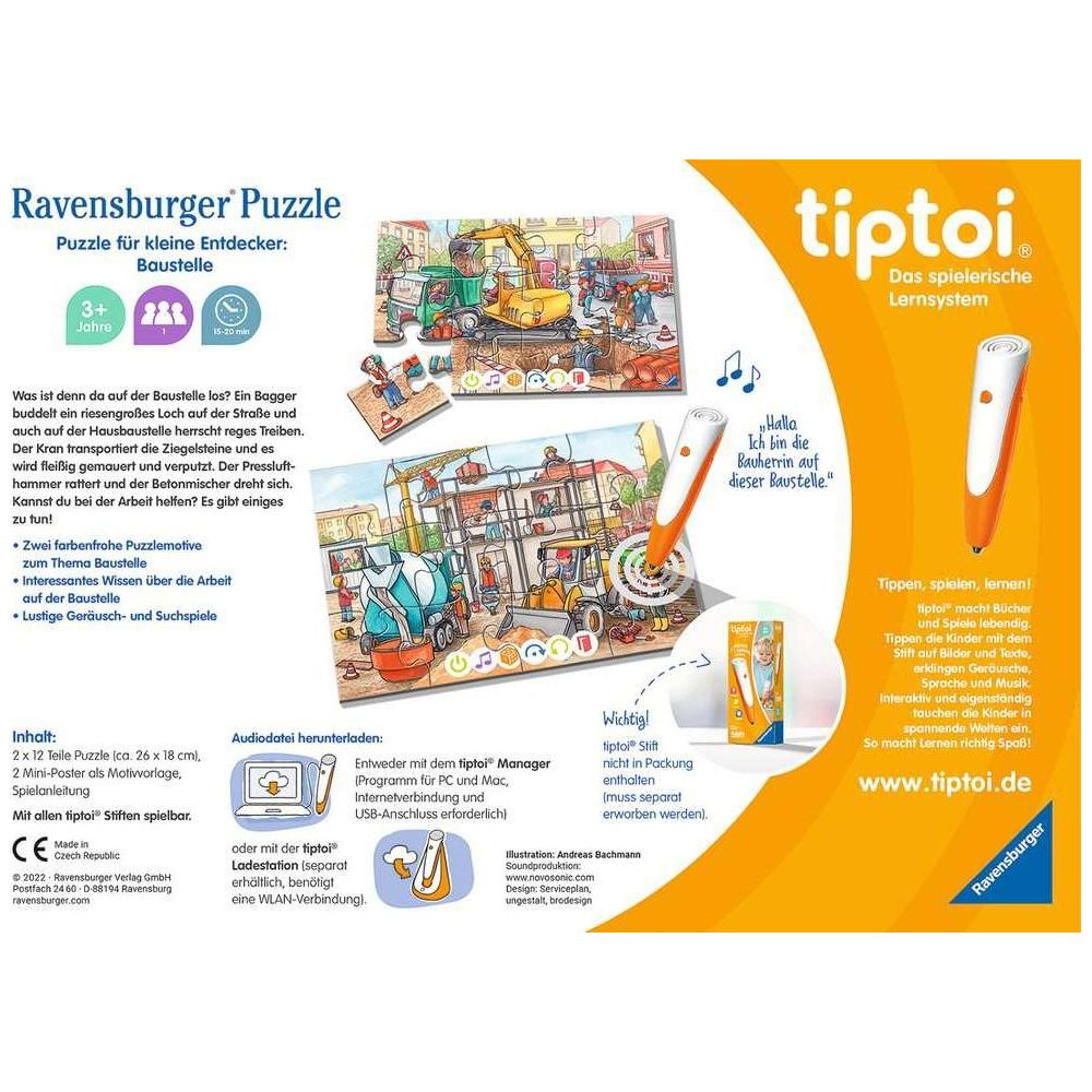Ravensburger Puzzle: Baustelle mit Baggern, Kranen und Betonmischern. Tiptoi-Stift und Lernsystem.
