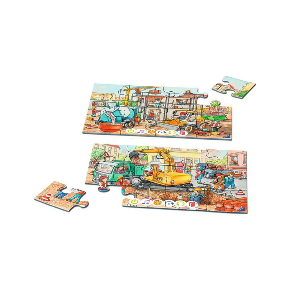 Bunte Baustellen-Puzzles mit Baggern, Lastwagen und Arbeitern.
