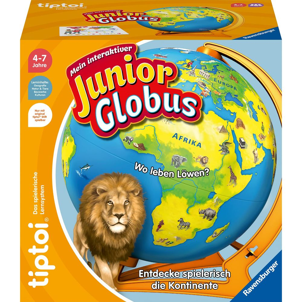 Ein interaktiver Globus für Kinder mit Löwenmotiv und Tierabbildungen.