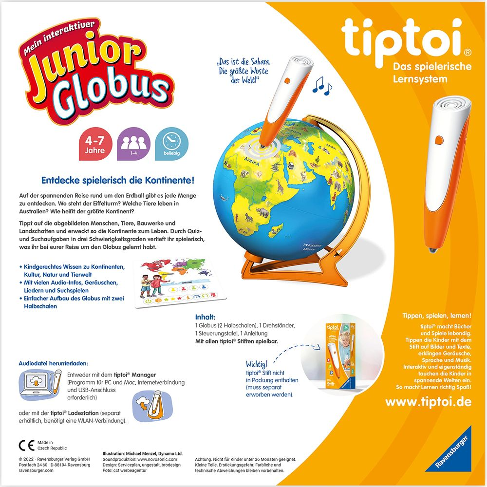 Interaktiver Globus mit tiptoi Stift, zeigt Kontinente, Tiere und Bauwerke.