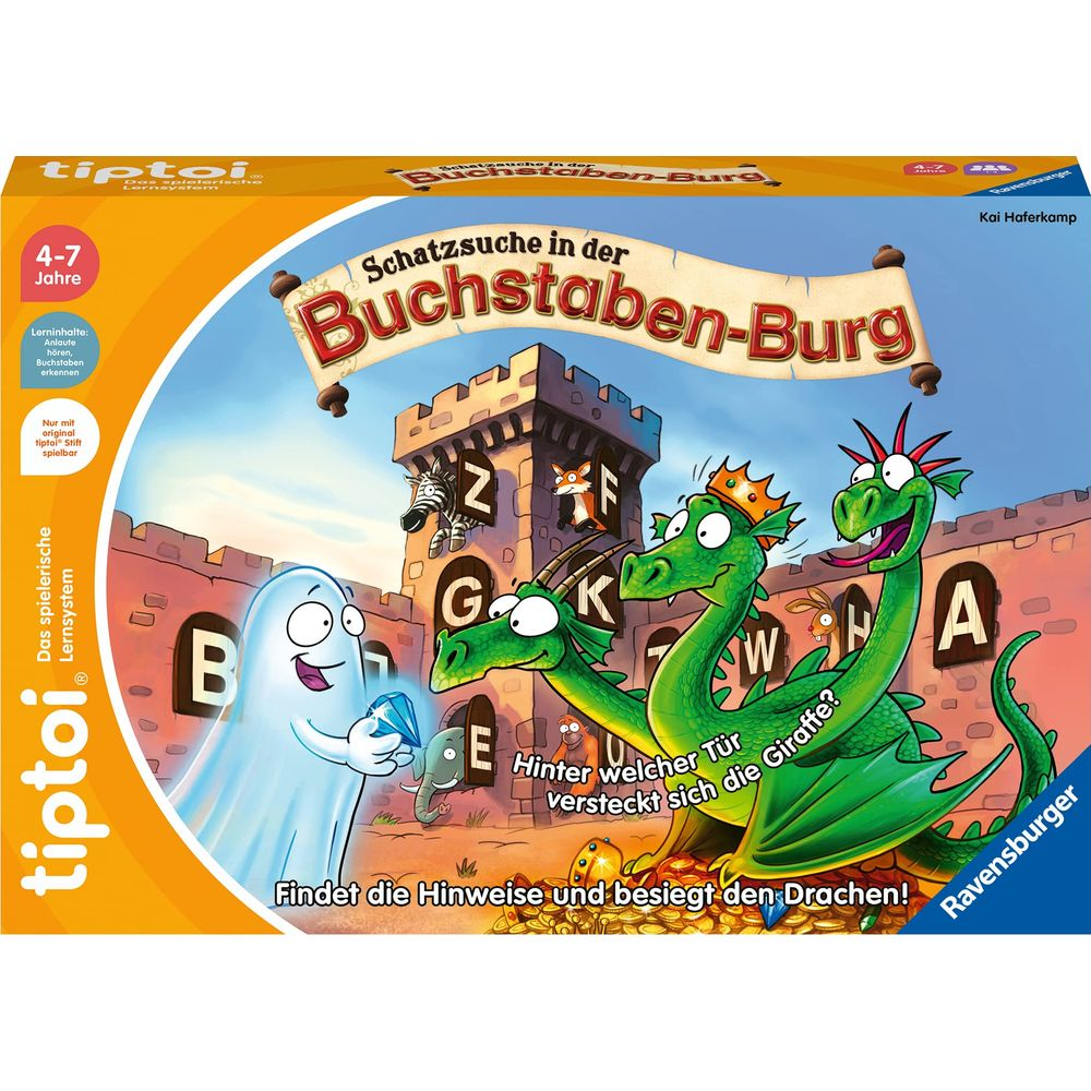 Ein Gespenst und Drachen vor einer Buchstabenburg, mit einem Schatz aus Gold.