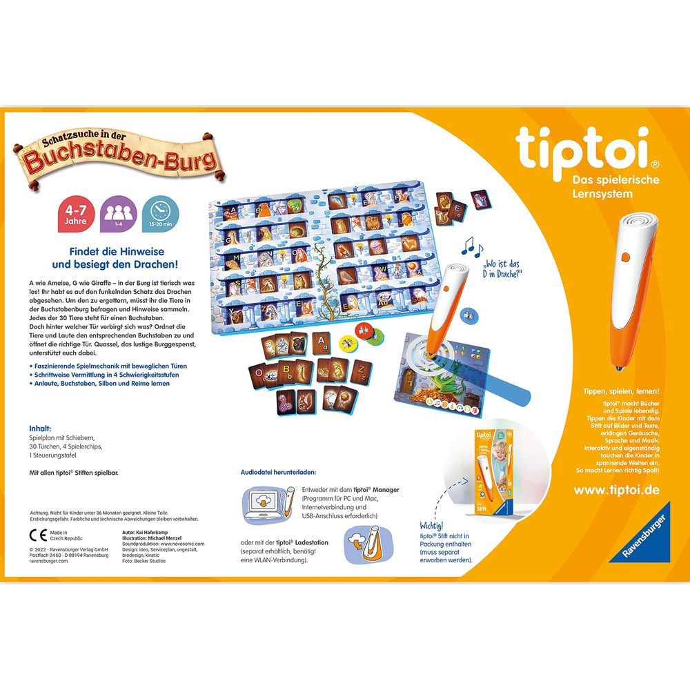 Tiptoi Spiel 'Buchstaben-Burg' mit Spielbrett, Stift, Türen und Chips.