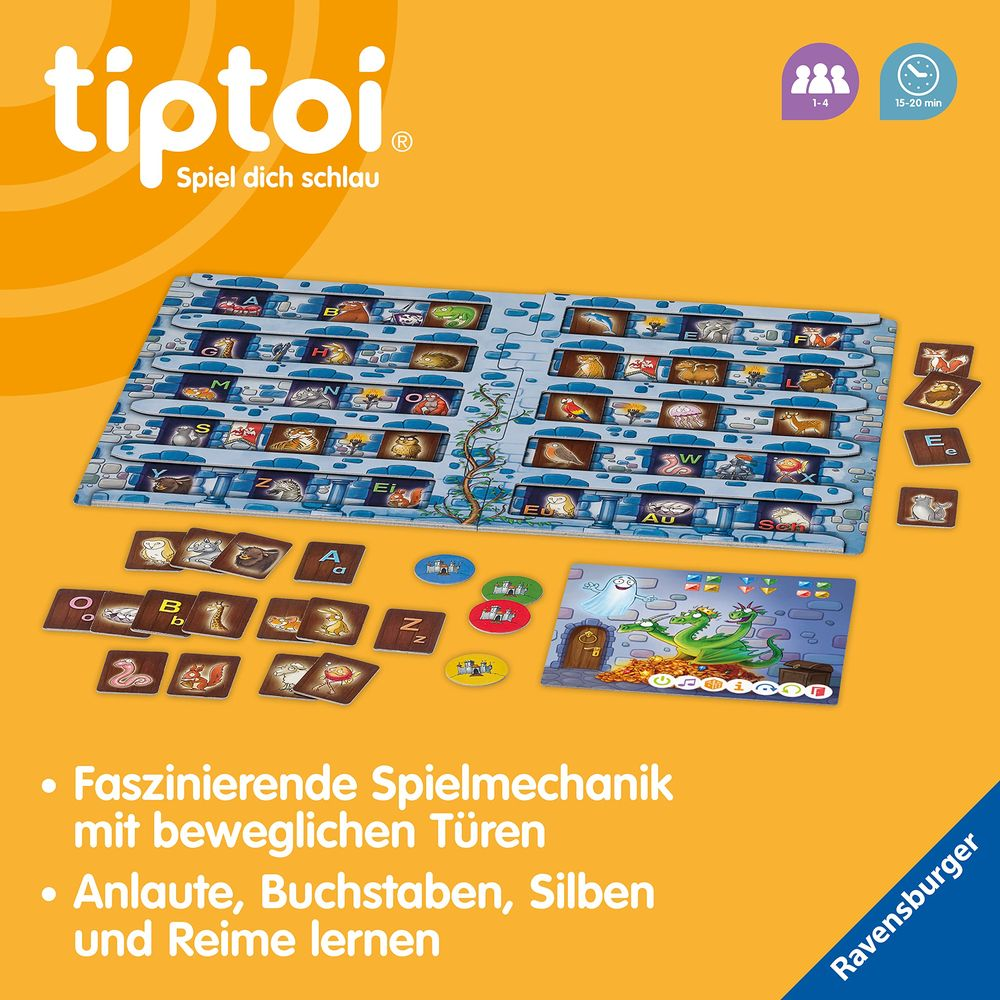 Tiptoi Spiel: Brett mit Buchstaben, Tieren, Drache, Geist und Spielkarten.
