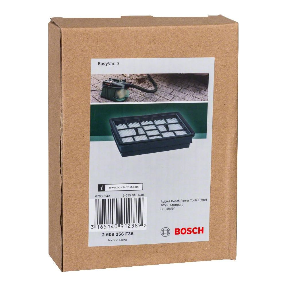 Verpackung mit Bosch EasyVac 3 und einem Filter.