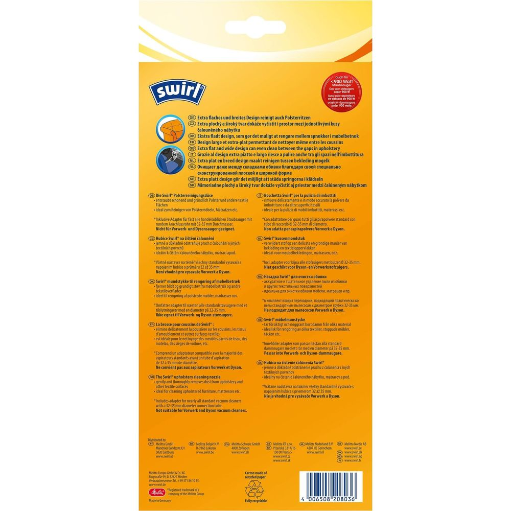 Verpackung einer Polsterdüse mit Swirl-Logo, Anleitungen und Kontaktdaten.