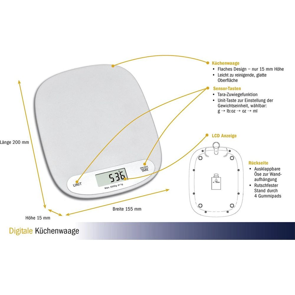 Digitale Küchenwaage mit LCD-Anzeige, Tara-Funktion und ausklappbarer Öse.