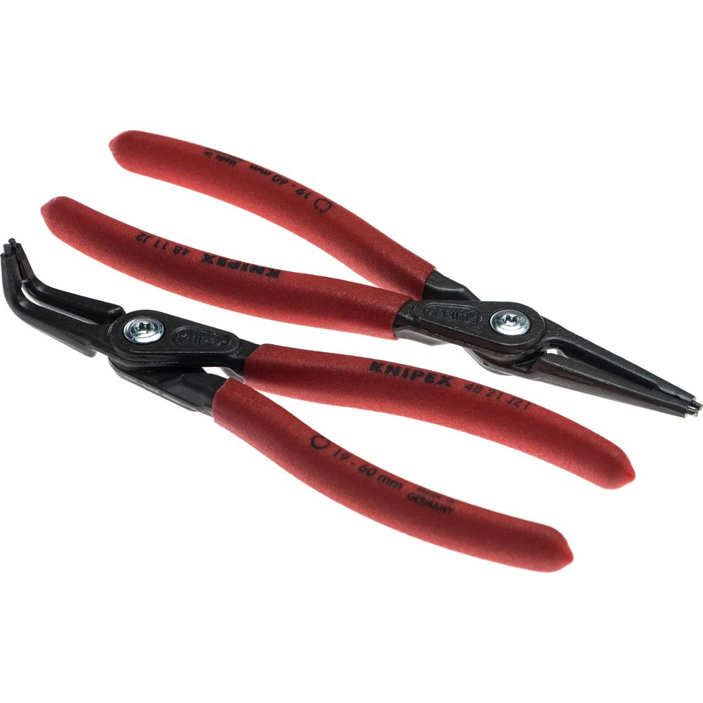 Due pinze Knipex per anelli elastici con manici rossi, su sfondo bianco.