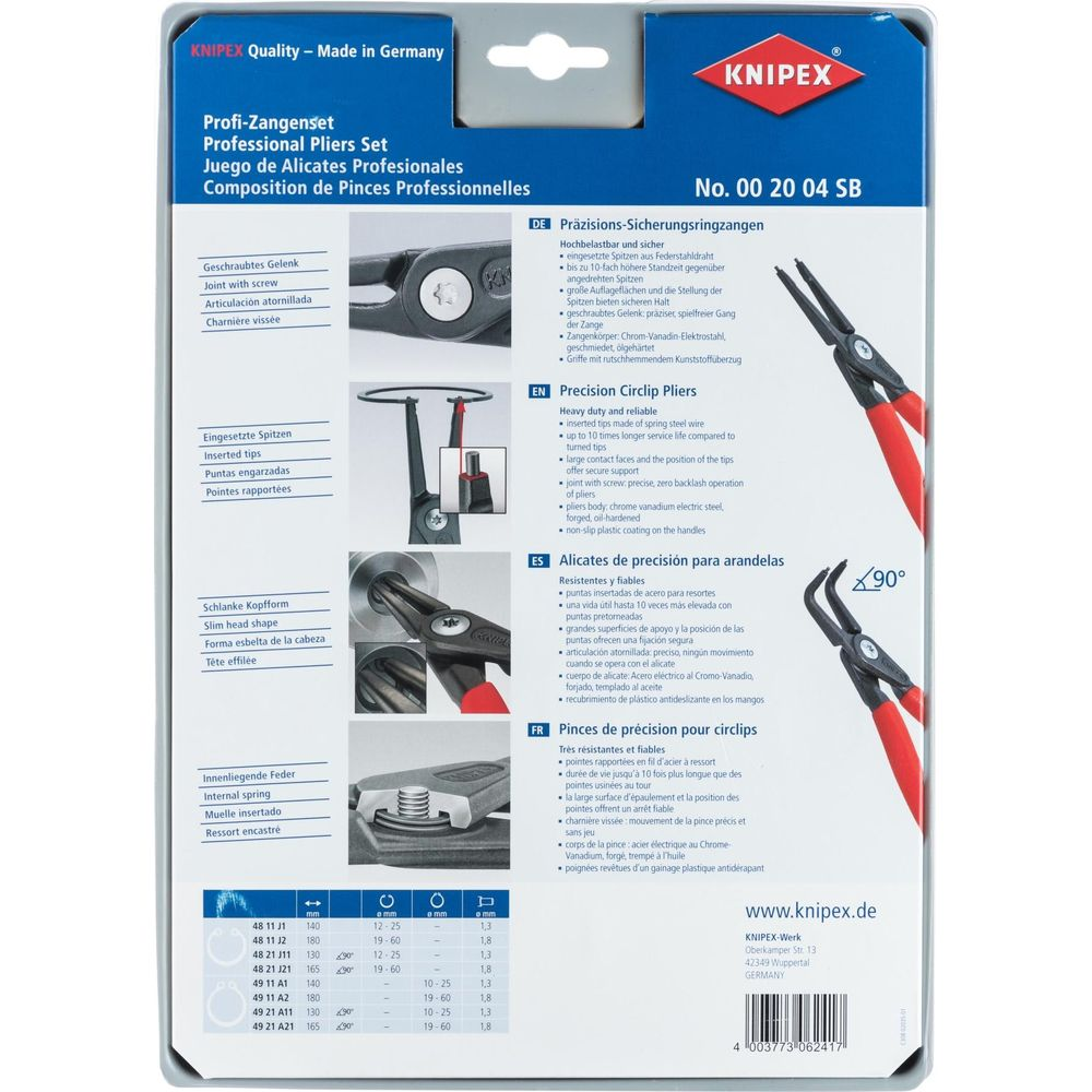 Confezione di pinze di precisione KNIPEX con dettagli sulle dimensioni e immagini.