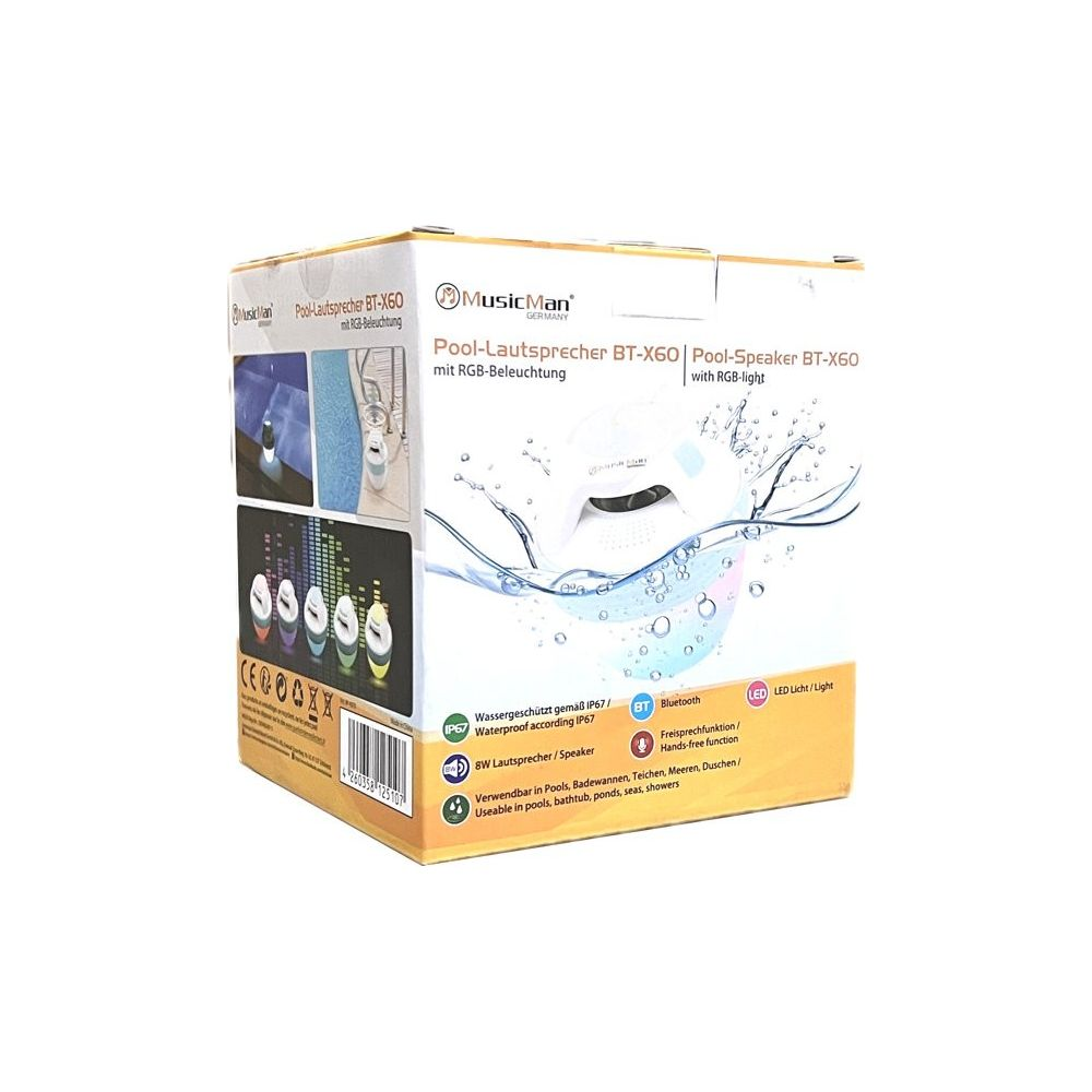Verpackung eines MusicMan Pool-Lautsprechers mit RGB-Beleuchtung.