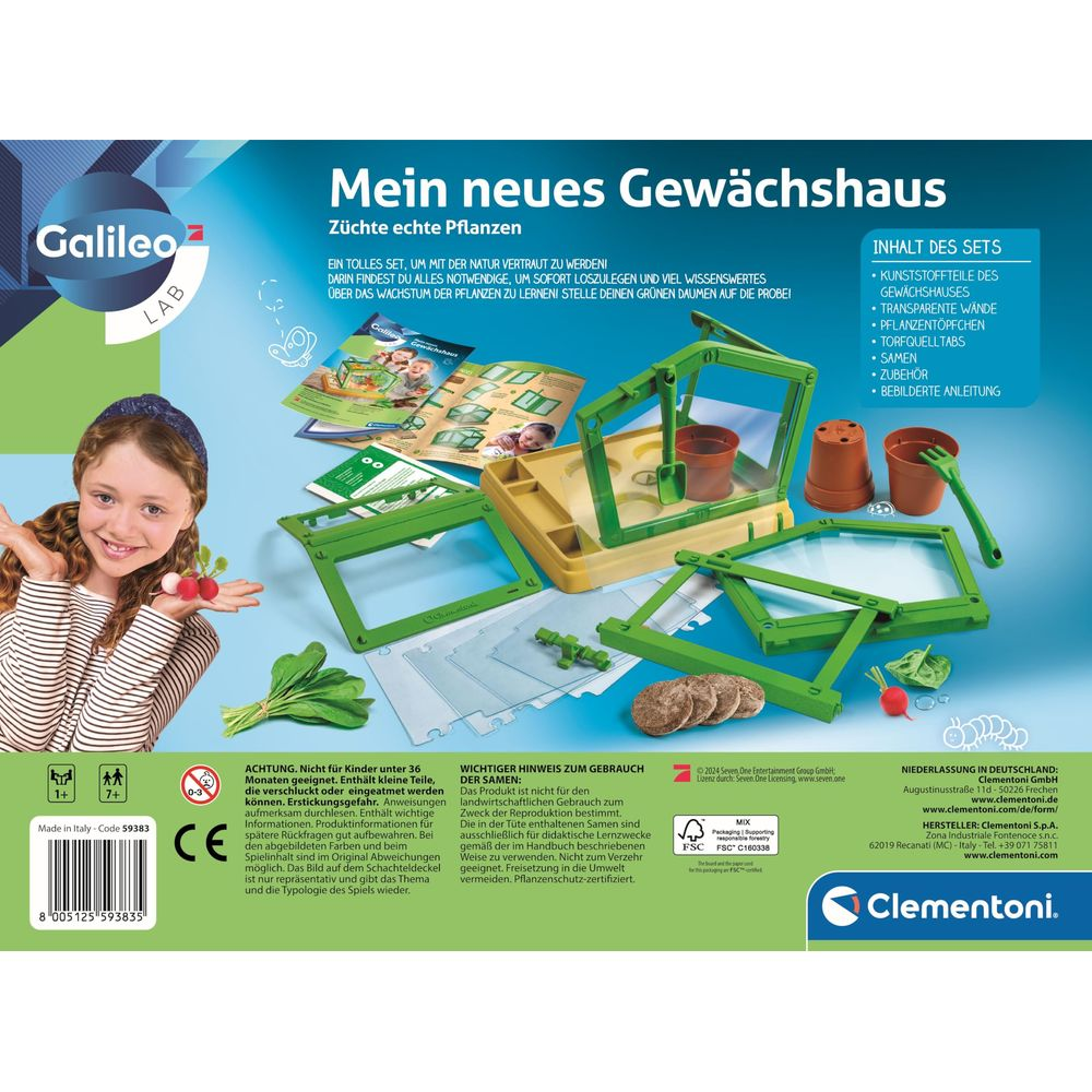 Mädchen hält Radieschen neben einem Gewächshaus-Bausatz mit Töpfen und Werkzeug.