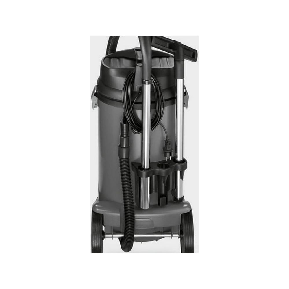 Aspirateur gris avec tuyau, câble et tubes télescopiques.